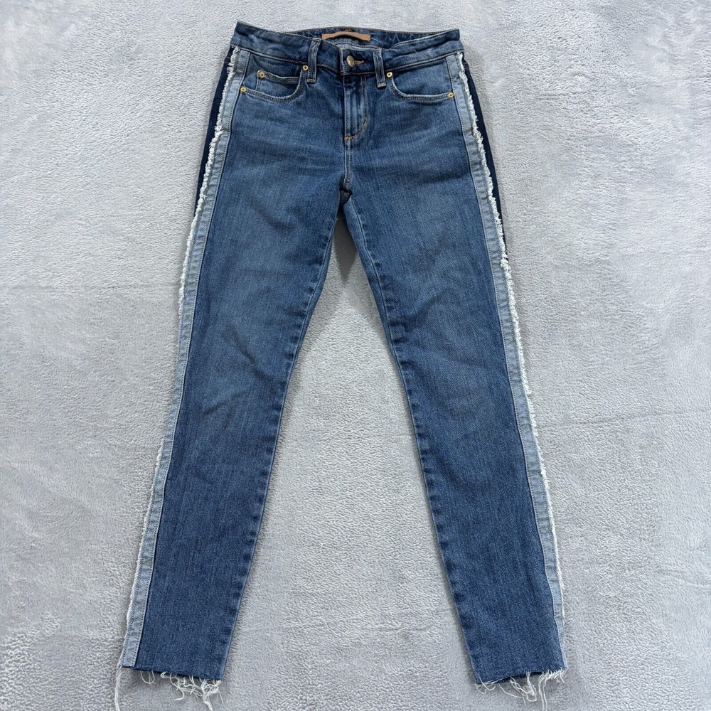 Joes Jeans The Icon Mid Rise Skinny Crop Womens 25 Blue Striped Sides Fringe Hem